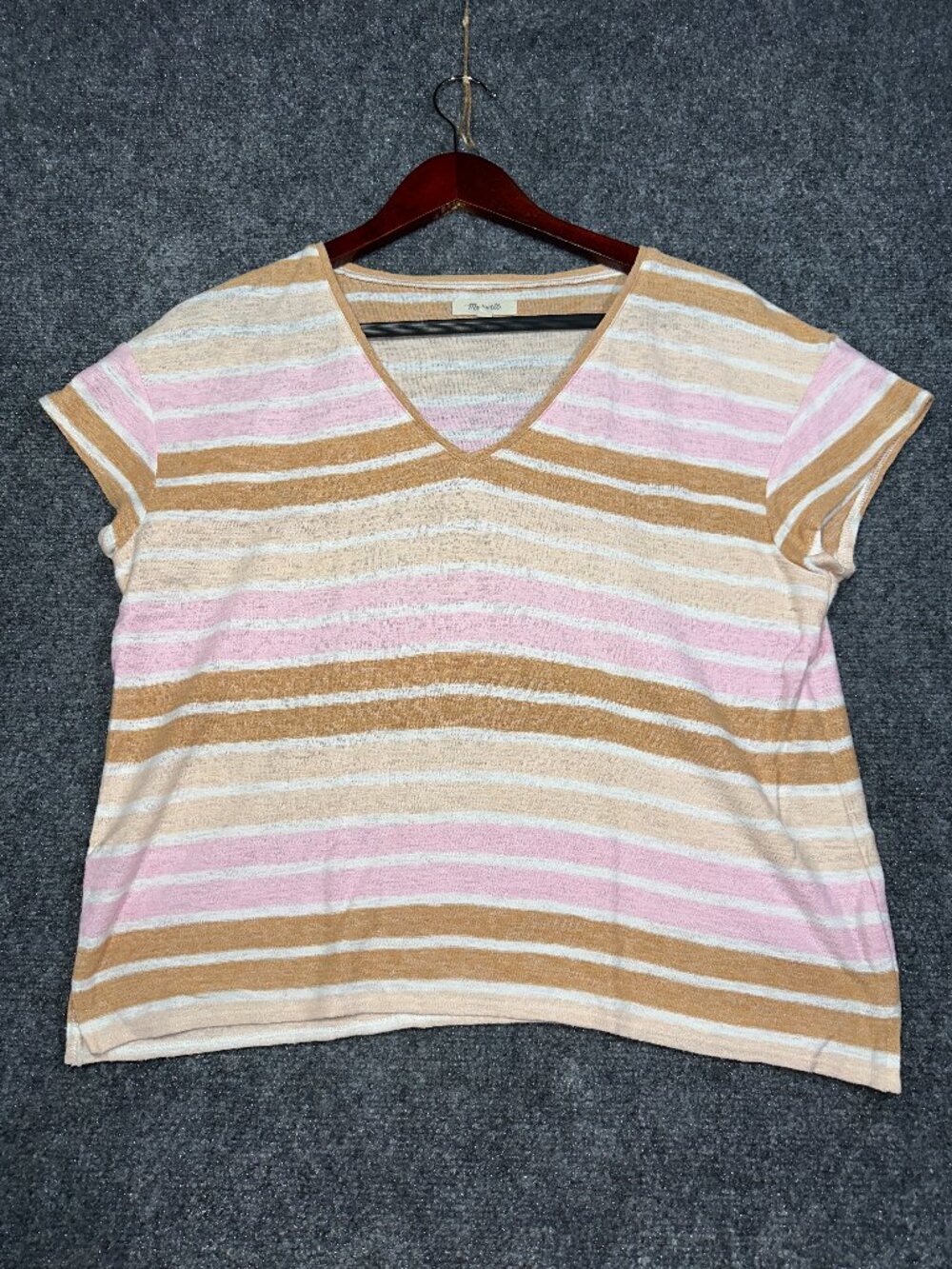 Madewell Top Womens Small Pink Brown Stripe Linen Tee V Neck Crop Cap Sleeve